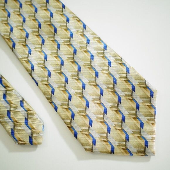 John Ashford Yellow Blue Geometric Abstract Jacquard Print Silk Tie - Picture 1 of 7